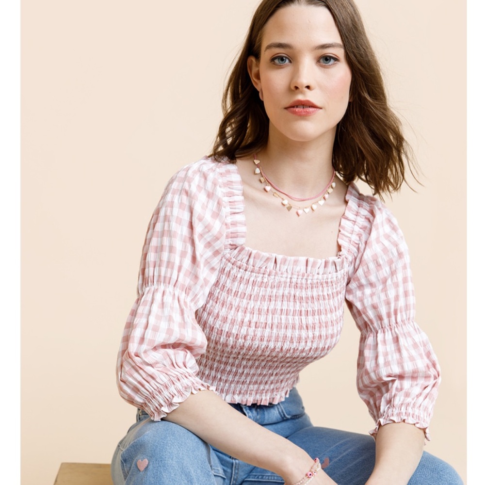 Mi Ami Francesca’s Pink White Gingham Check Smocked Top Sz S 3/4 Sleeves Cropped